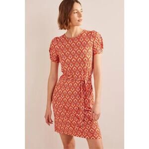 Boden Knot Detail Printed Short Sleeve Jersey Mini Dress Orange Size 10